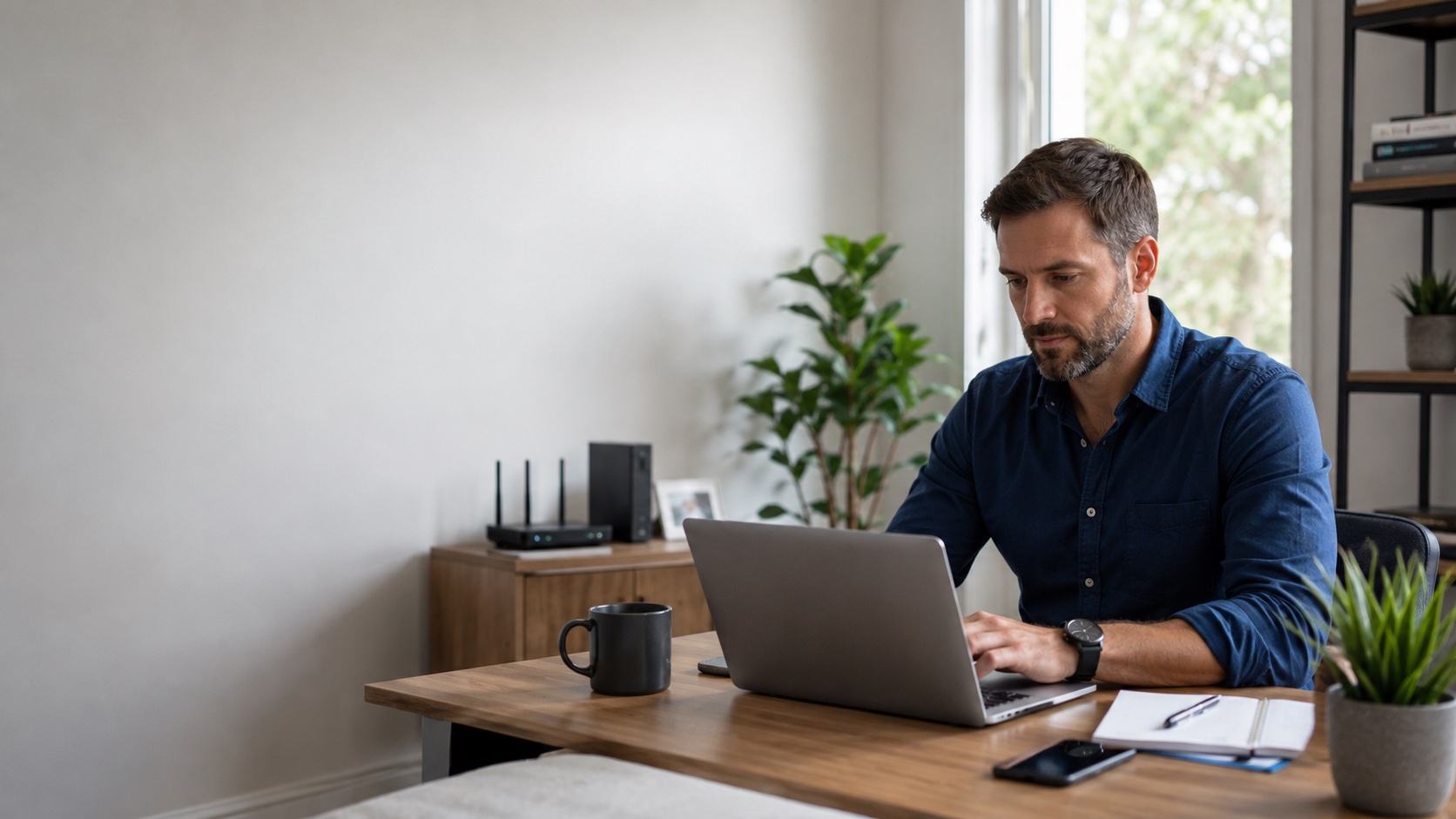 Business owner comparing provider options from a home office